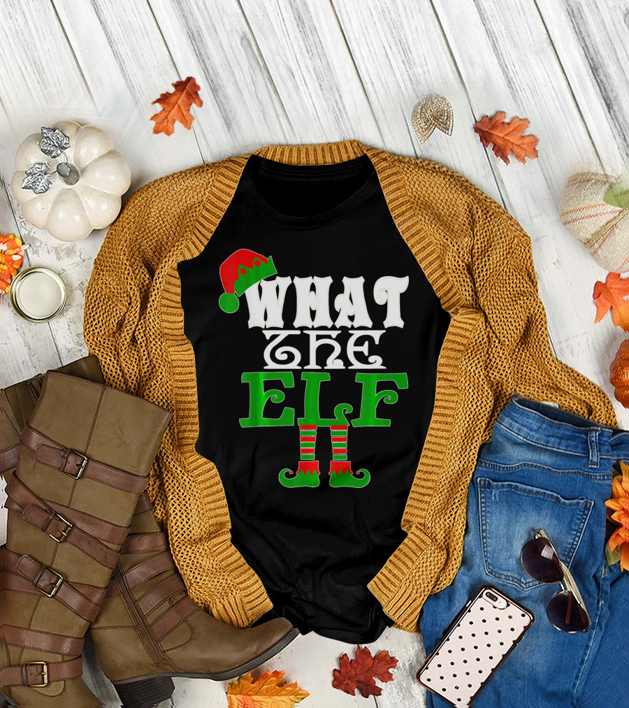 WHAT THE ELF Christmas Hat and Striped Stockings T-Shirt