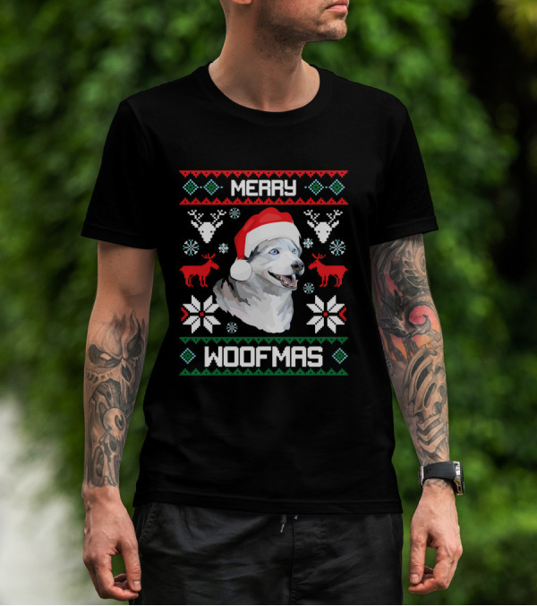 Merry Woofmas Siberian Husky Dog In Santa Hat With Reindeer And Snowflakes T-Shirt