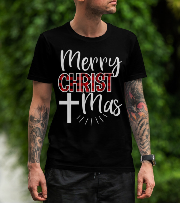 Merry CHRISTmas Cross Buffalo Plaid Christian T-Shirt