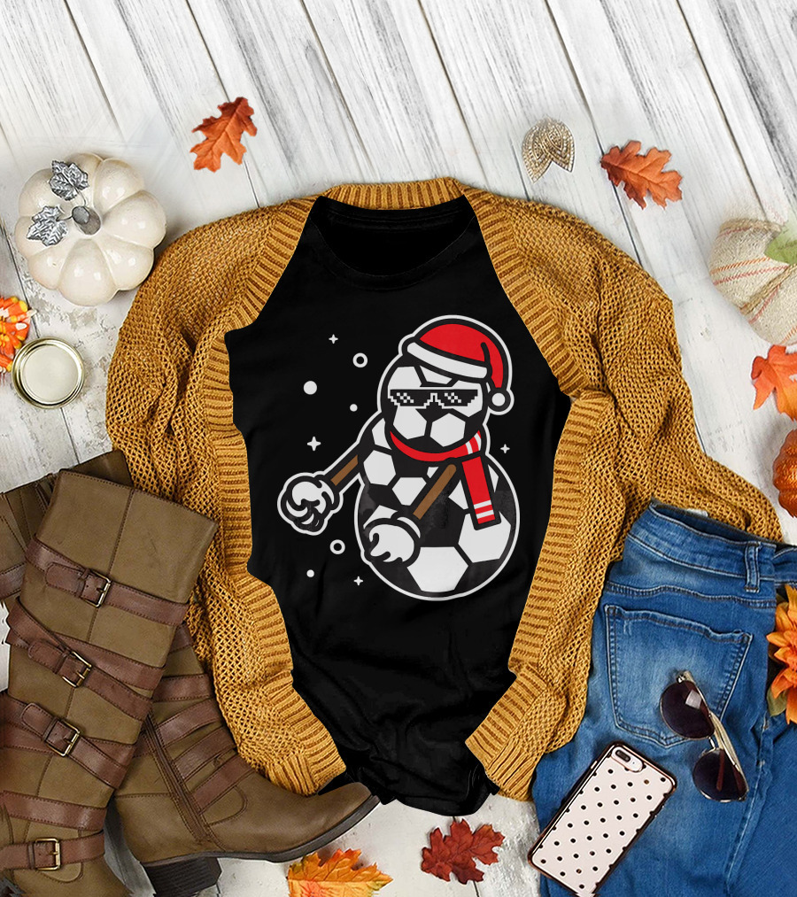 Soccer Player Snowman Funny Boy Girl Christmas Cool Santa Hat Pixel Glasses T-Shirt