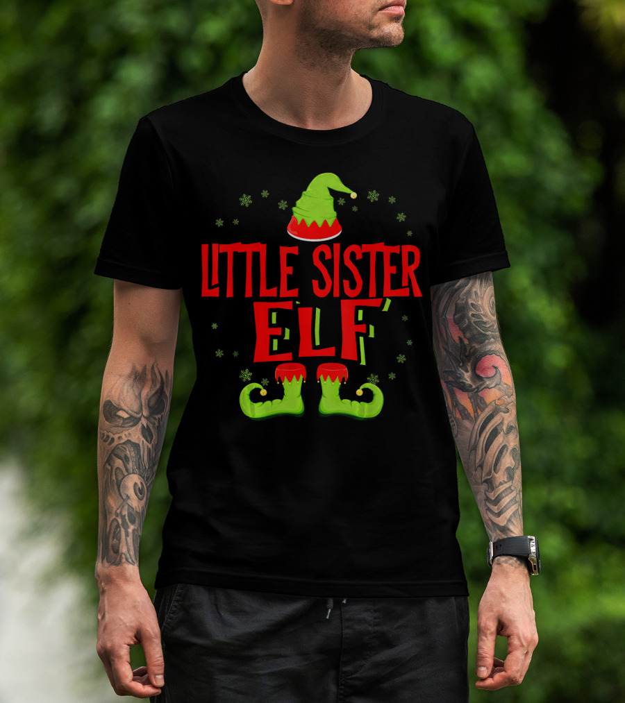 Little Sister Elf Christmas Hat And Shoes T-Shirt