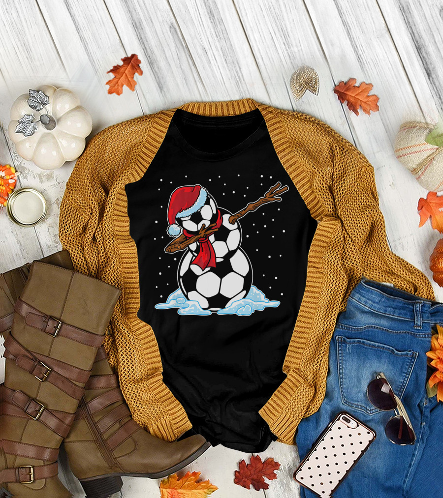 Santa Hat Soccer Ball Snowman with Red Scarf Dabbing in Snowflakes T-Shirt