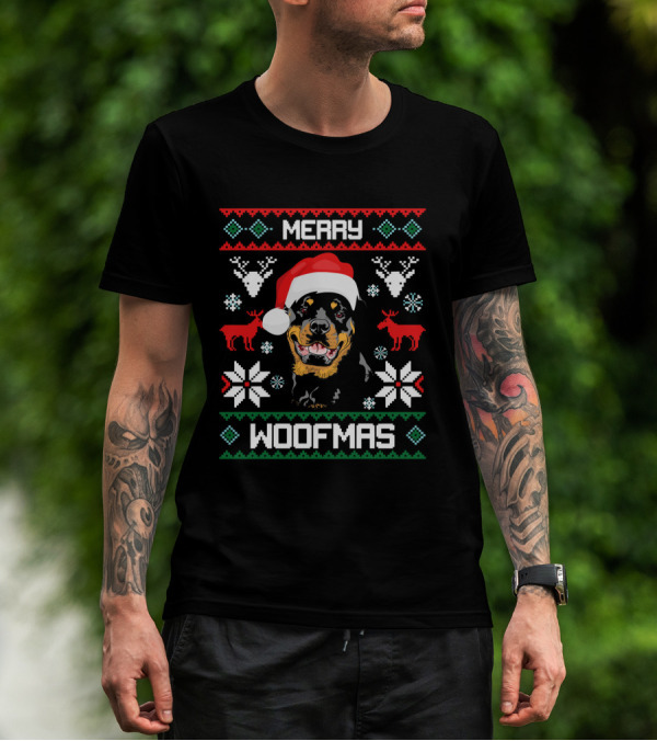Rottweiler Merry Woofmas Santa Hat Reindeer Ugly Christmas T-Shirt