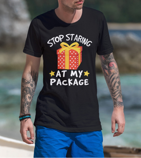 Stop Staring At My Package Funny Christmas Adult Humor Pun T-Shirt