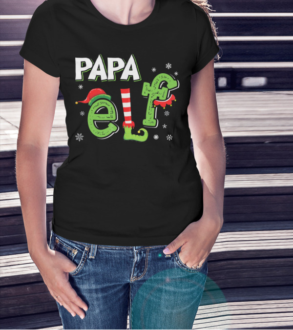 PAPA ELF Christmas Hat Stripes And Snowflakes T-Shirt