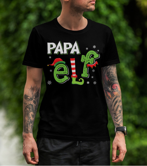 PAPA ELF Christmas Hat Stripes And Snowflakes T-Shirt