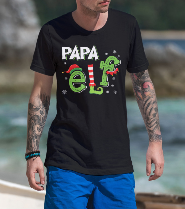 PAPA ELF Christmas Hat Stripes And Snowflakes T-Shirt