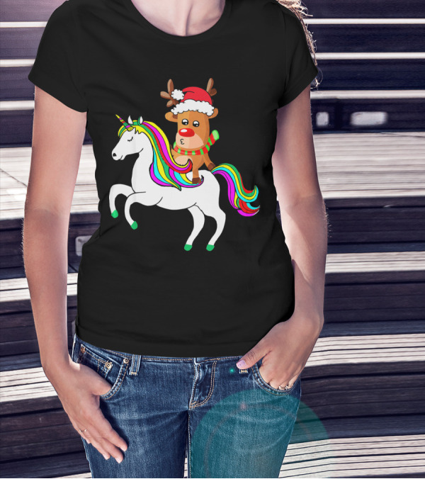 Reindeer In Santa Hat Riding Colorful-Maned Unicorn T-Shirt