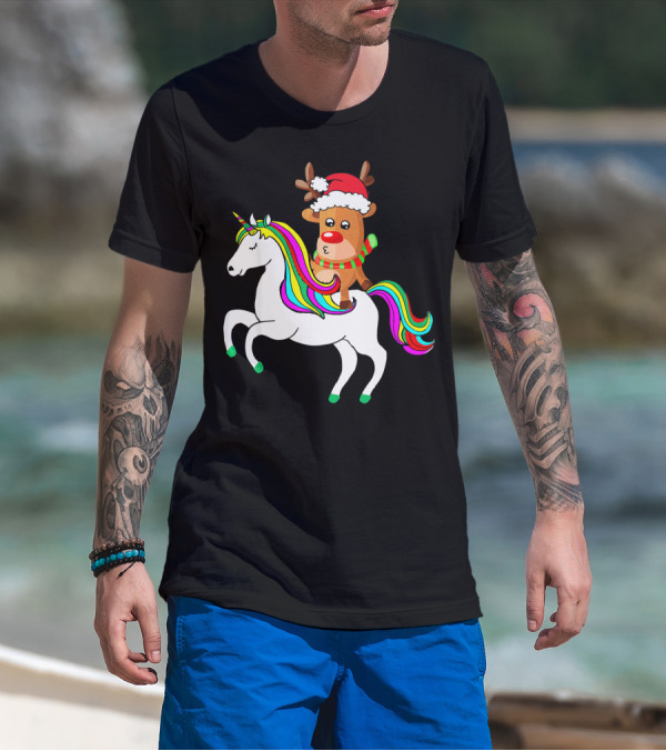 Reindeer In Santa Hat Riding Colorful-Maned Unicorn T-Shirt