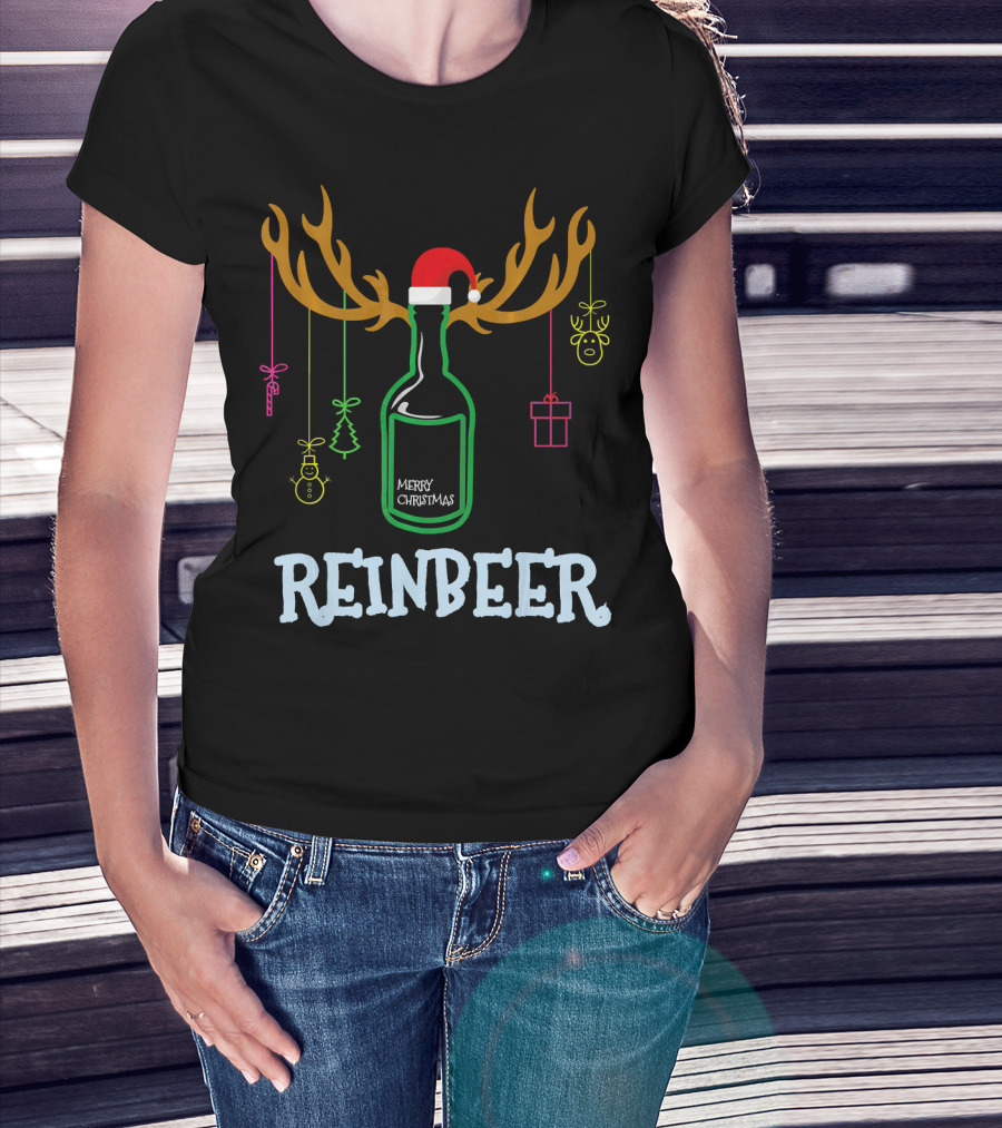 Reinbeer Merry Christmas Antler Bottle With Santa Hat And Hanging Decorations T-Shirt