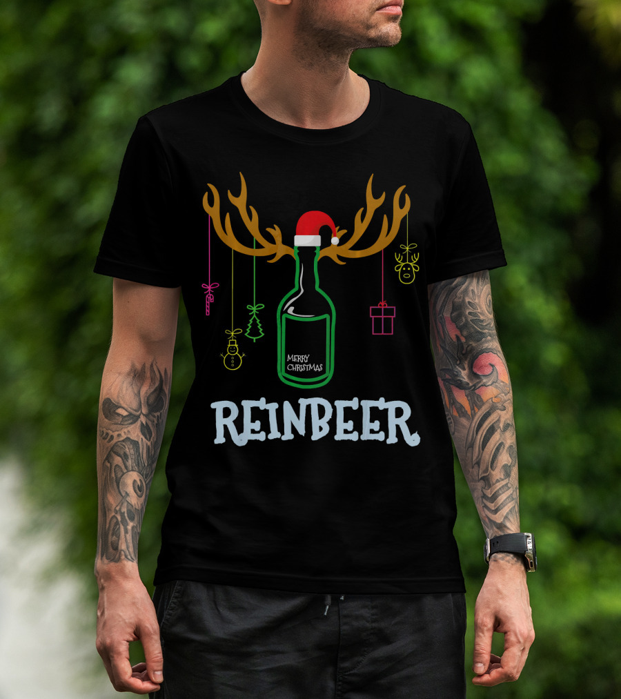 Reinbeer Merry Christmas Antler Bottle With Santa Hat And Hanging Decorations T-Shirt