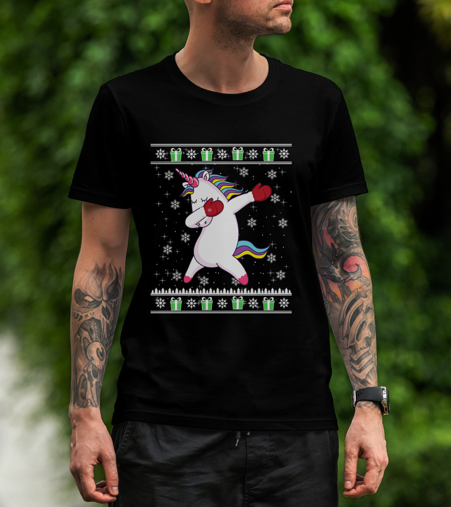 Dabbing Christmas Unicorn With Boxing Gloves Snowflakes And Gifts T-Shirt