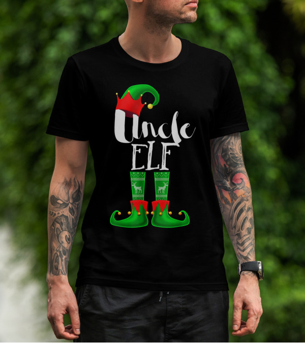 Uncle Elf Christmas Outfit With Santa Hat And Festive Green Boots T-Shirt
