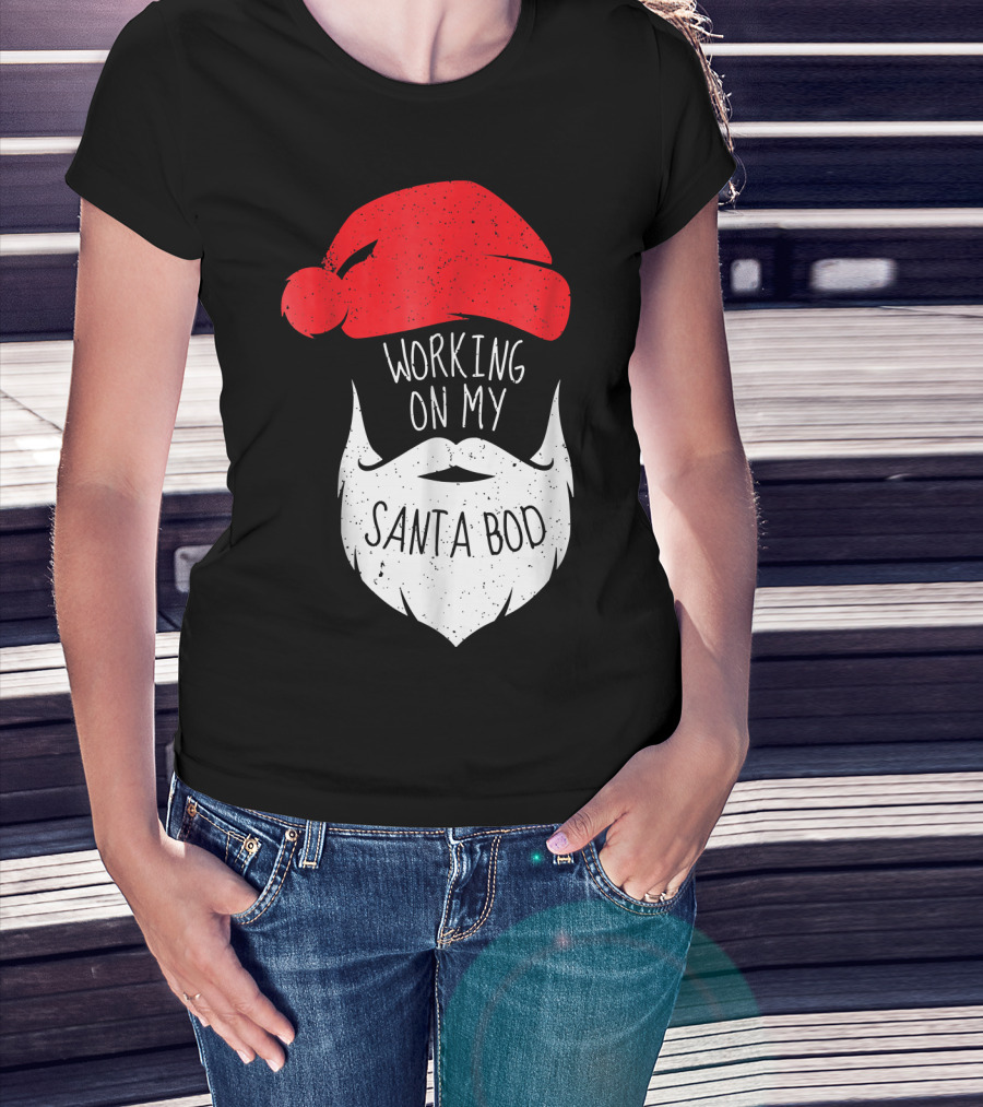 Mens Working On My Santa Bod Beard Santa Hat T-Shirt