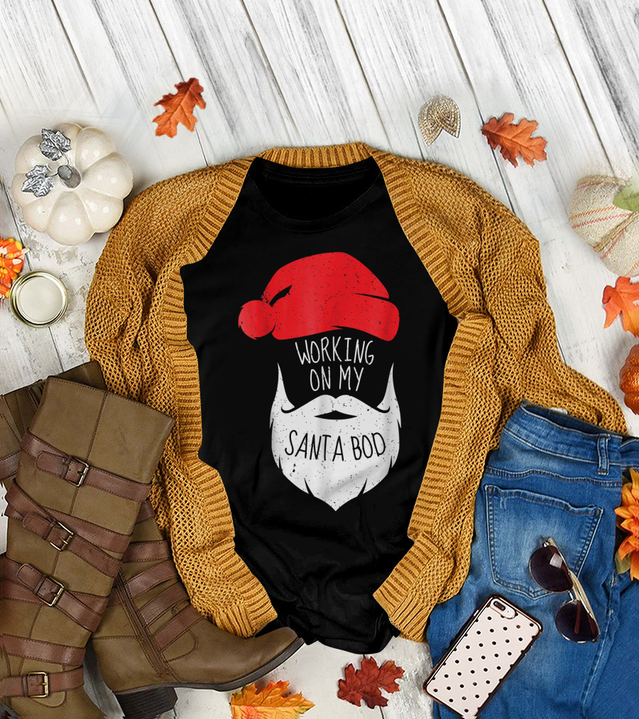 Mens Working on My Santa Bod Beard Santa Hat T-Shirt