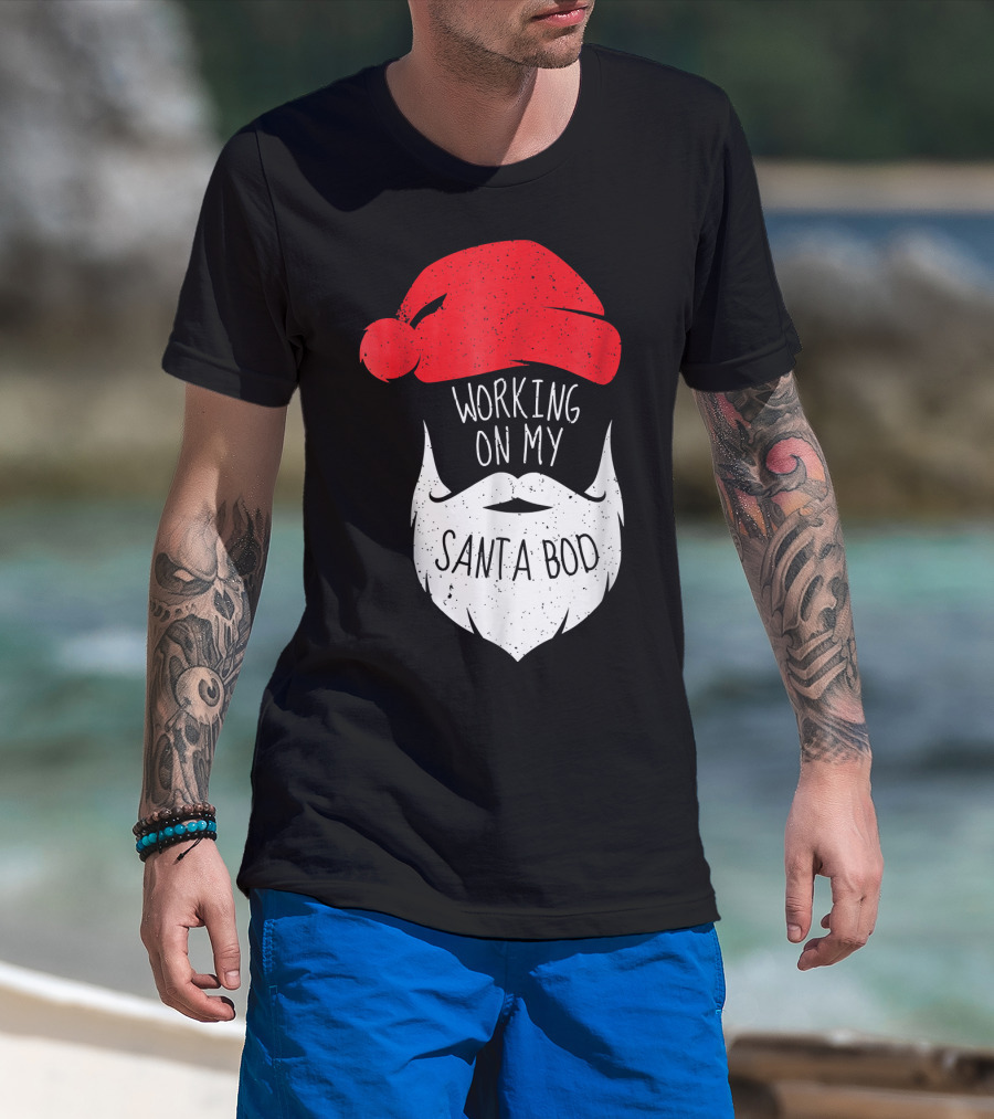 Mens Working On My Santa Bod Beard Santa Hat T-Shirt