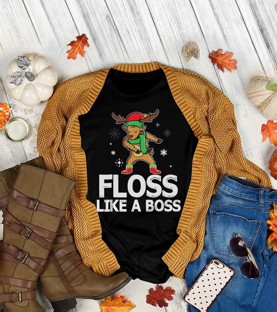 Reindeer ELF Costume Floss Like A Boss Snowflakes Christmas Dance T-Shirt