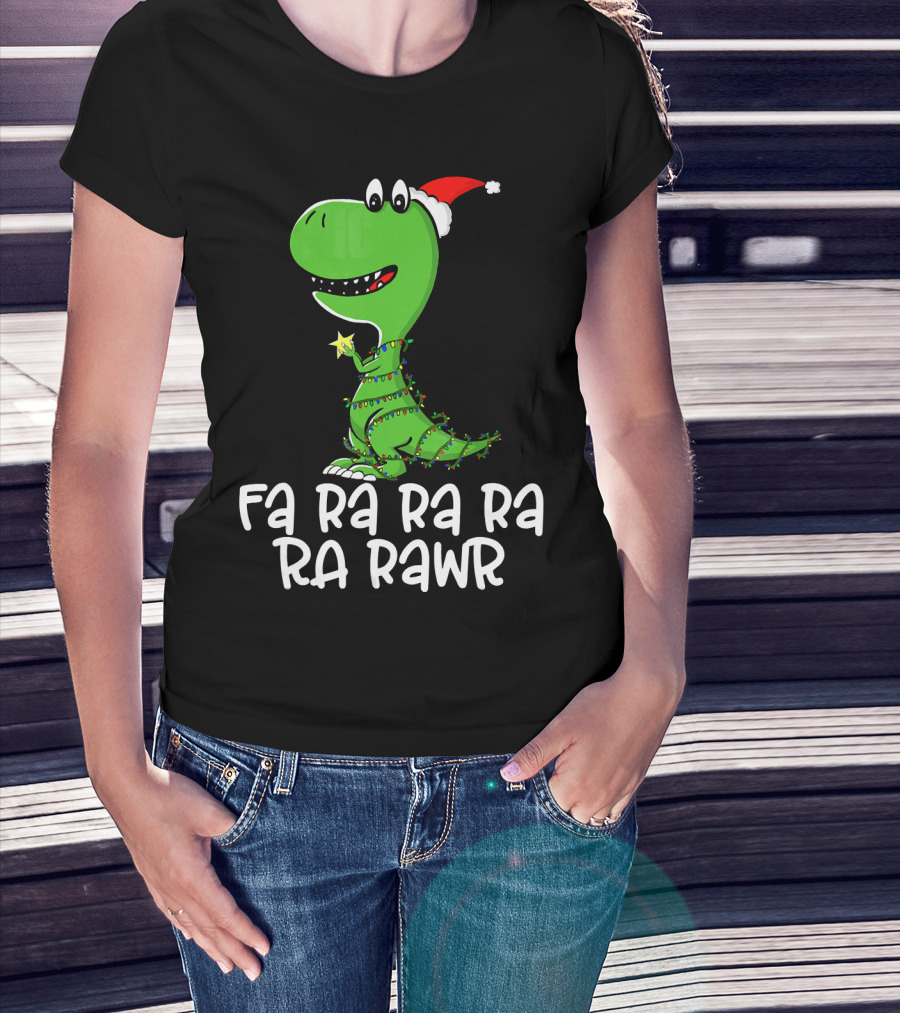 Fa Ra Ra Ra Rawr Dinosaur Christmas Lights Santa Hat T-Shirt