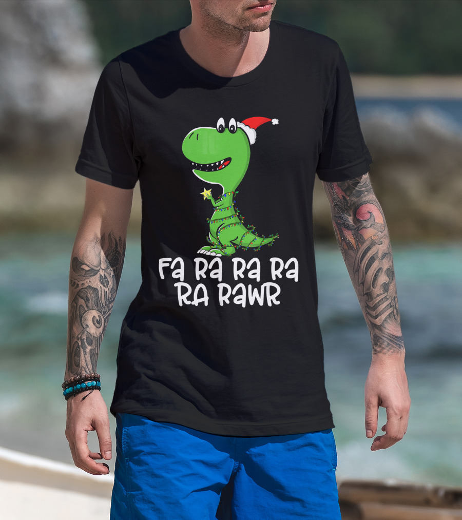 Fa Ra Ra Ra Rawr Dinosaur Christmas Lights Santa Hat T-Shirt