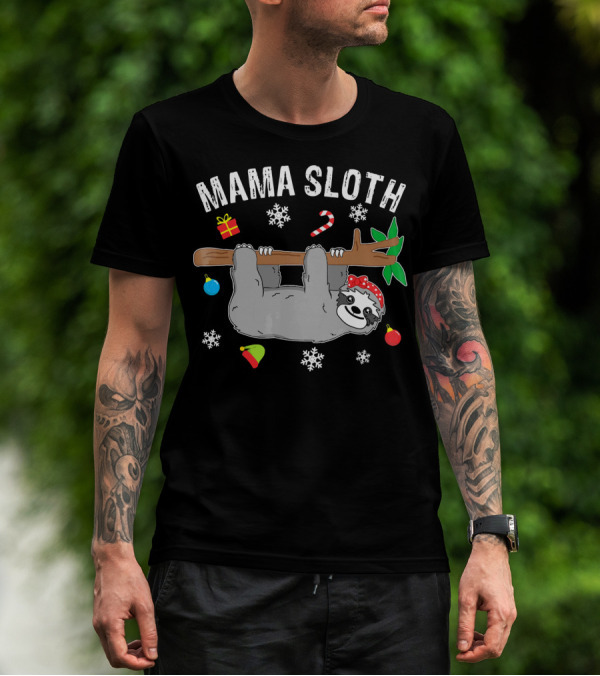 Mama Sloth Christmas Snowflakes Candy Cane Hanging T-Shirt