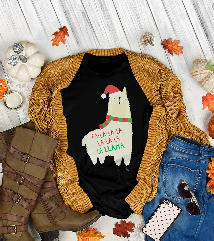 Fa La La La Llama Holiday Llama in Santa Hat and Scarf T-Shirt