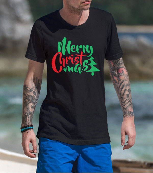 Merry Christmas Tree Design In Festive Red And Green T-Shirt