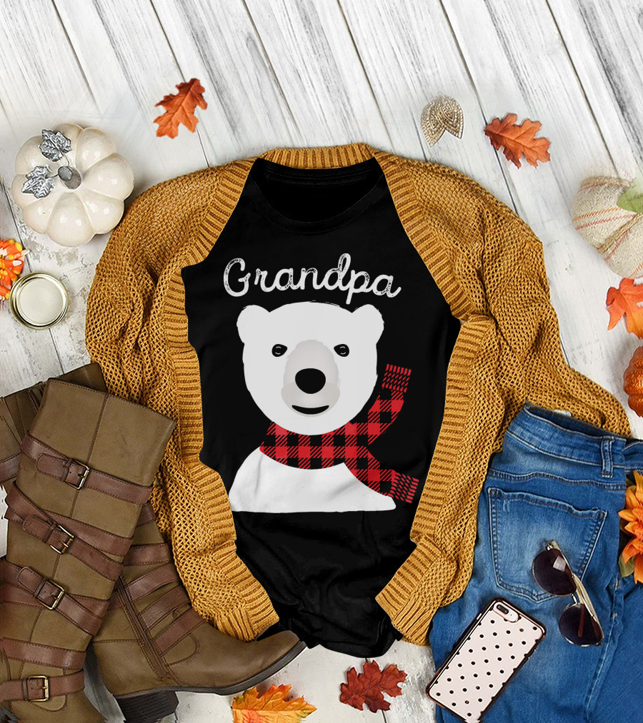 Grandpa Christmas Bear with Red Plaid Scarf Family Matching T-Shirt
