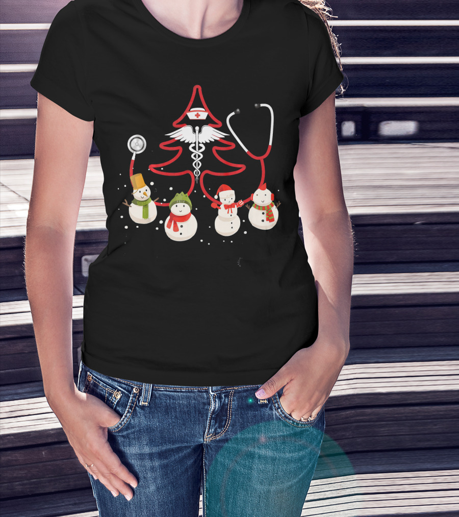Nurse Christmas Costume Funny Chris Snowmen Stethoscope Tree T-Shirt