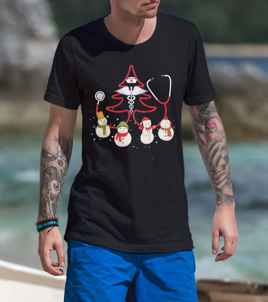 Nurse Christmas Costume Funny Chris Snowmen Stethoscope Tree T-Shirt