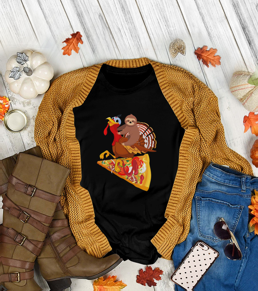 Sloth Riding Turkey on Pizza Slice Surreal Fun T-Shirt