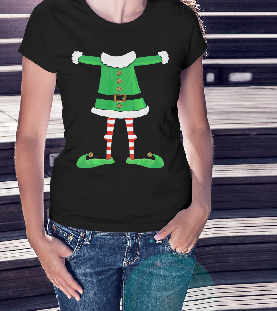Santa Elf Suit Green Costume With Red Striped Tights And Green Shoes T-Shirt