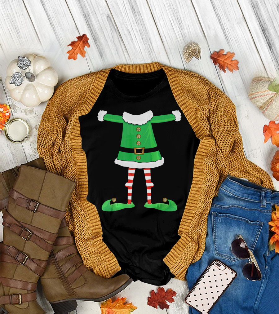 Santa Elf Suit Green Costume with Red Striped Tights and Green Shoes T-Shirt