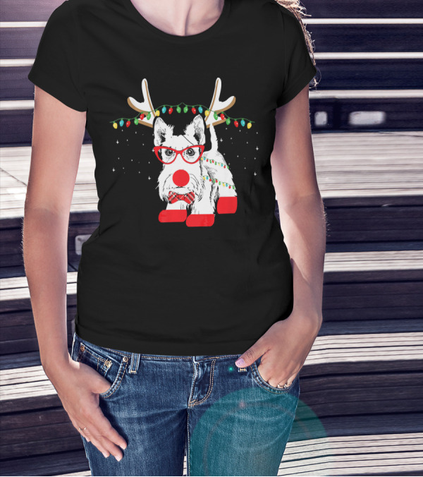 Scottie Dog Christmas Reindeer Lights And Bow Tie T-Shirt