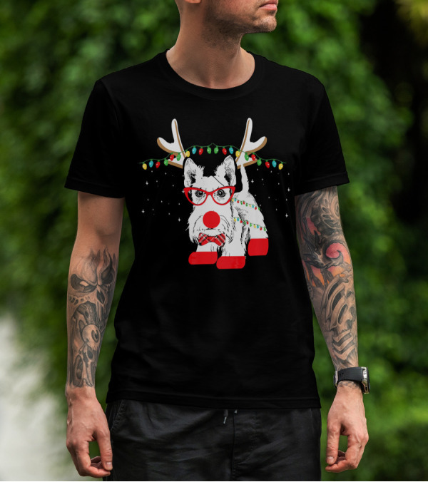 Scottie Dog Christmas Reindeer Lights And Bow Tie T-Shirt