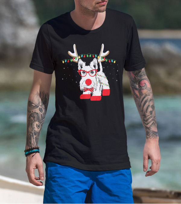 Scottie Dog Christmas Reindeer Lights And Bow Tie T-Shirt