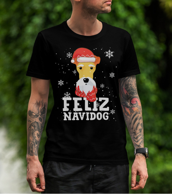 Feliz Navidog Fox Terrier Wire Dog Santa Hat Snowflakes T-Shirt