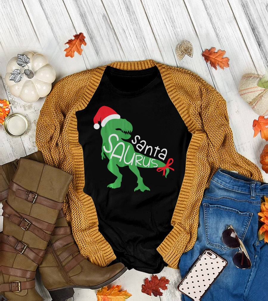 T Rex Dinosaur Santa Saurus Merry Funny Christmas Hat T-Shirt