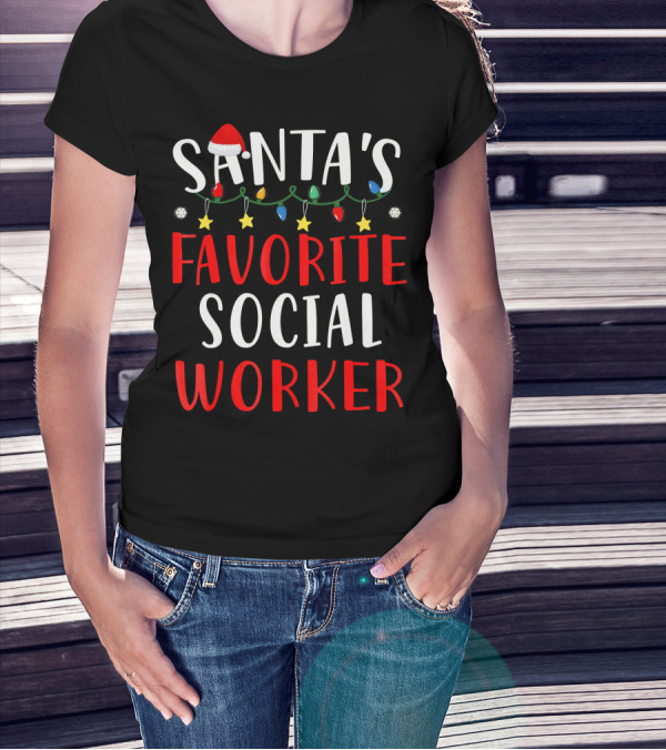Santa's Favorite Social Worker Christmas Lights Festive Snowflakes Stars T-Shirt