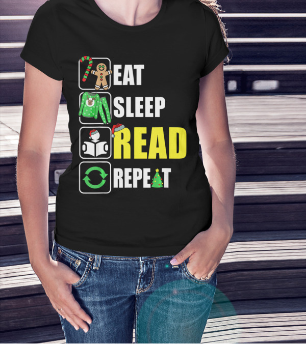 Eat Sleep Read Repeat Christmas Gingerbread Candy Cane Sweater Book Tree T-Shirt