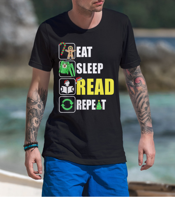 Eat Sleep Read Repeat Christmas Gingerbread Candy Cane Sweater Book Tree T-Shirt