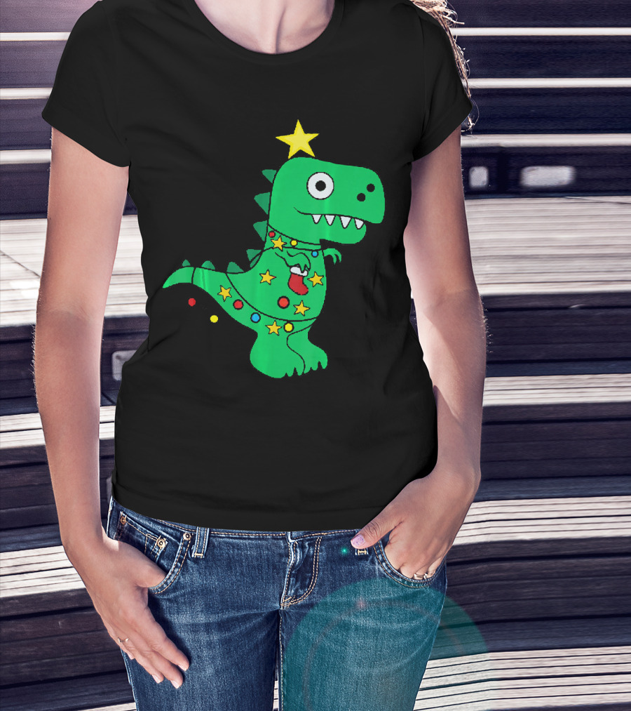 Christmas Dinosaur Rex With Star And Lights T-Shirt