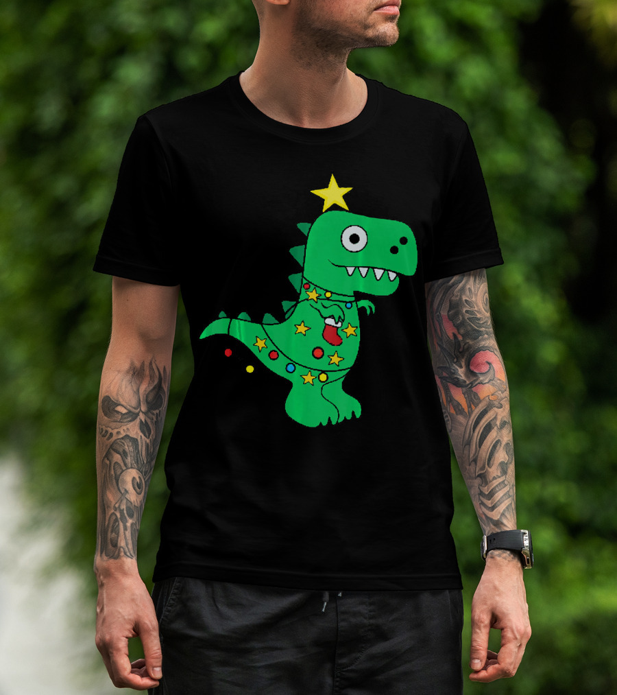 Christmas Dinosaur Rex With Star And Lights T-Shirt