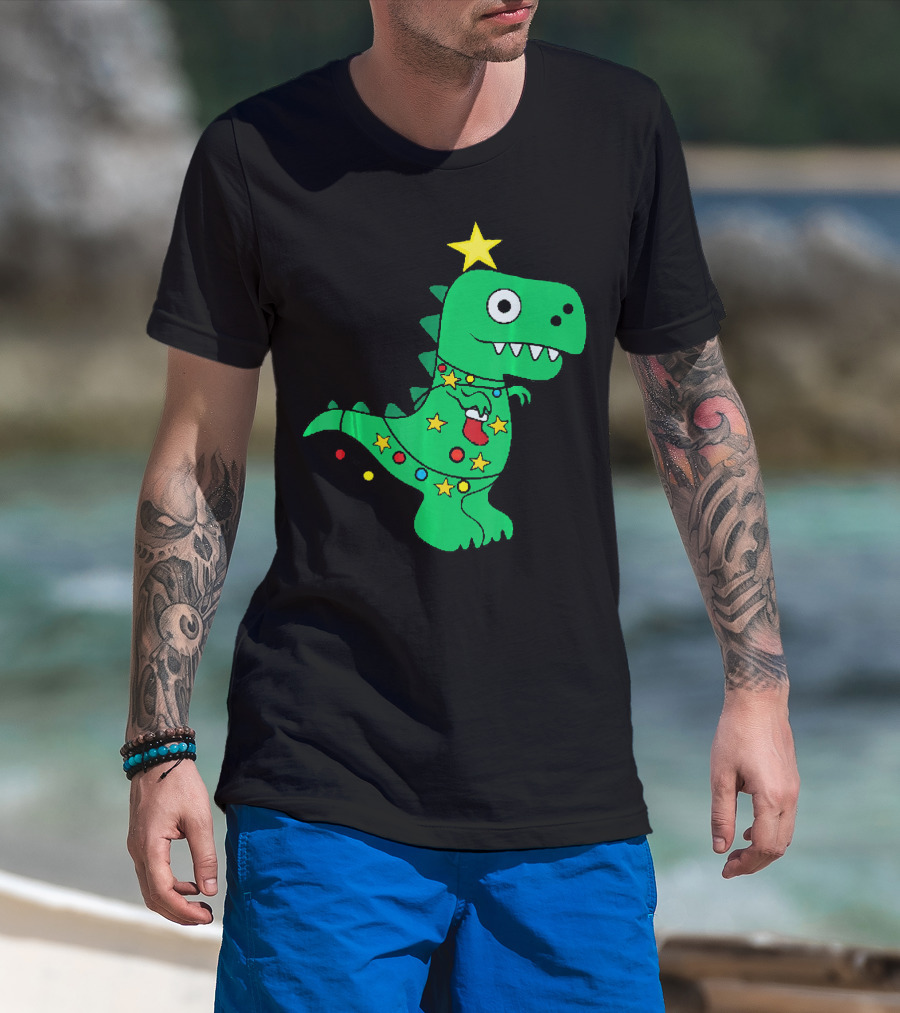 Christmas Dinosaur Rex With Star And Lights T-Shirt