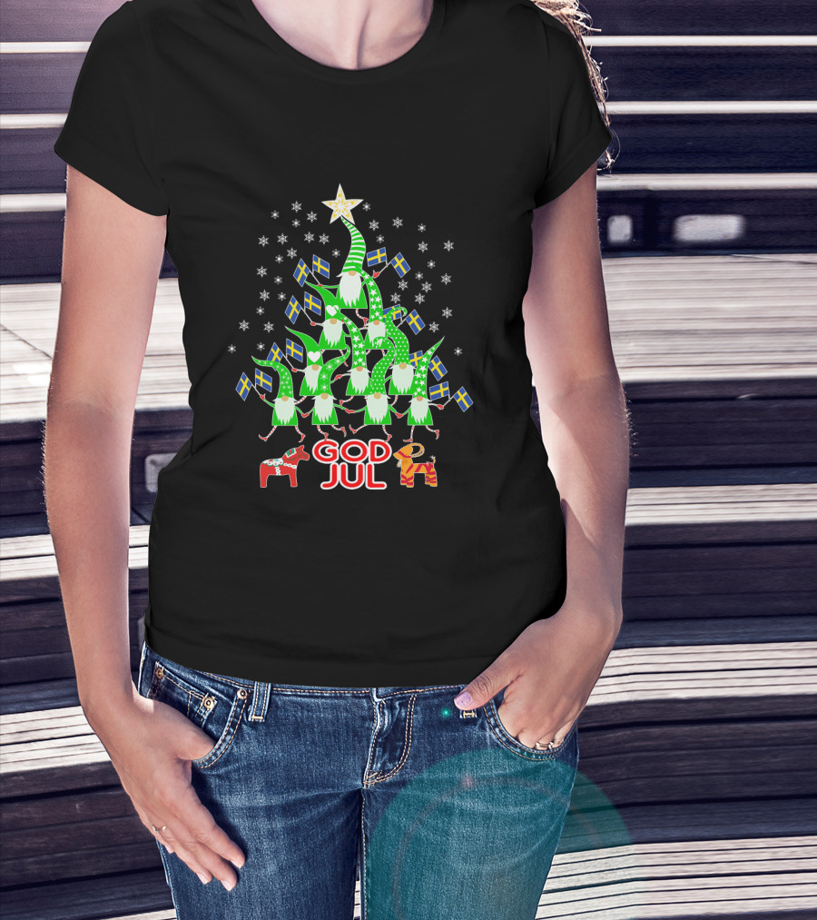 God Jul Christmas Tree Swedish Flags Tomte Nisse Dala Horse T-Shirt