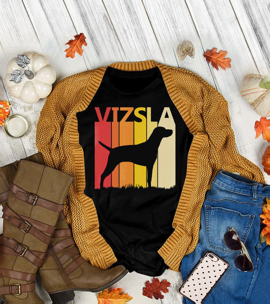 Retro Vizsla Dog Silhouette with Gradient Stripes T-Shirt