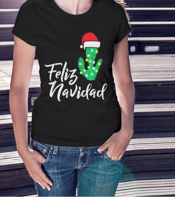 Feliz Navidad Cactus With Santa Hat And Christmas Lights T-Shirt