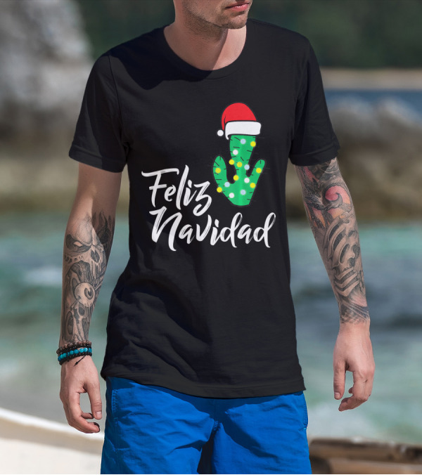 Feliz Navidad Cactus With Santa Hat And Christmas Lights T-Shirt