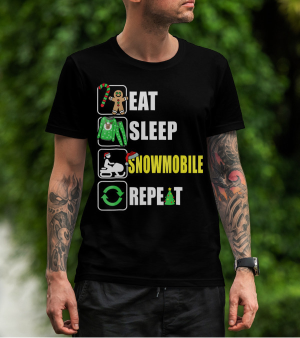Eat Sleep Snowmobile Repeat Christmas Holiday Icons Gingerbread Sweater Candy Cane T-Shirt