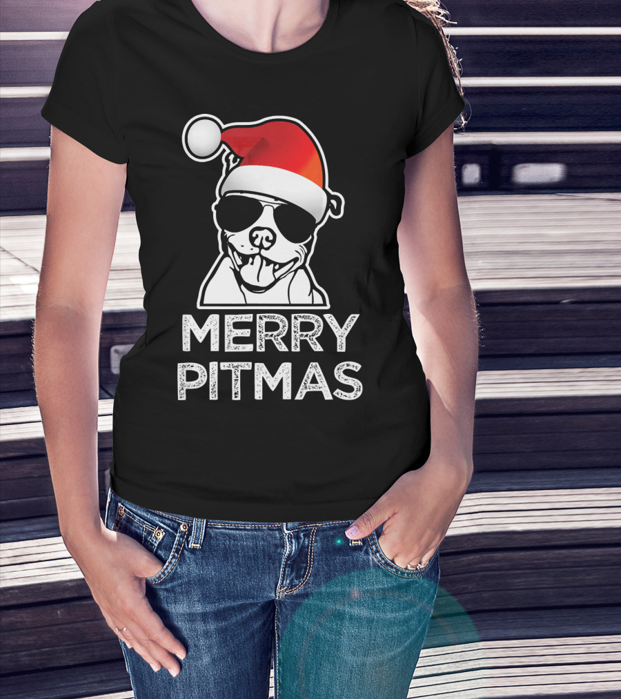 Merry Pitmas Funny Christmas Pitbull With Santa Hat And Sunglasses T-Shirt