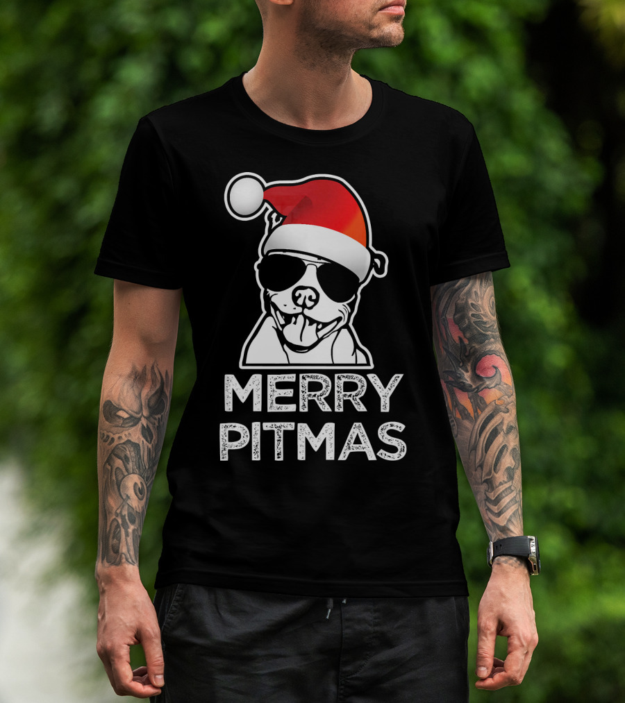 Merry Pitmas Funny Christmas Pitbull With Santa Hat And Sunglasses T-Shirt